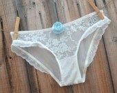 Blushing Bride Collection - Simply feminine lacey beige undie with something blue ROSE bow - I DO in rhinestones Size Small - Ships in 24hrs