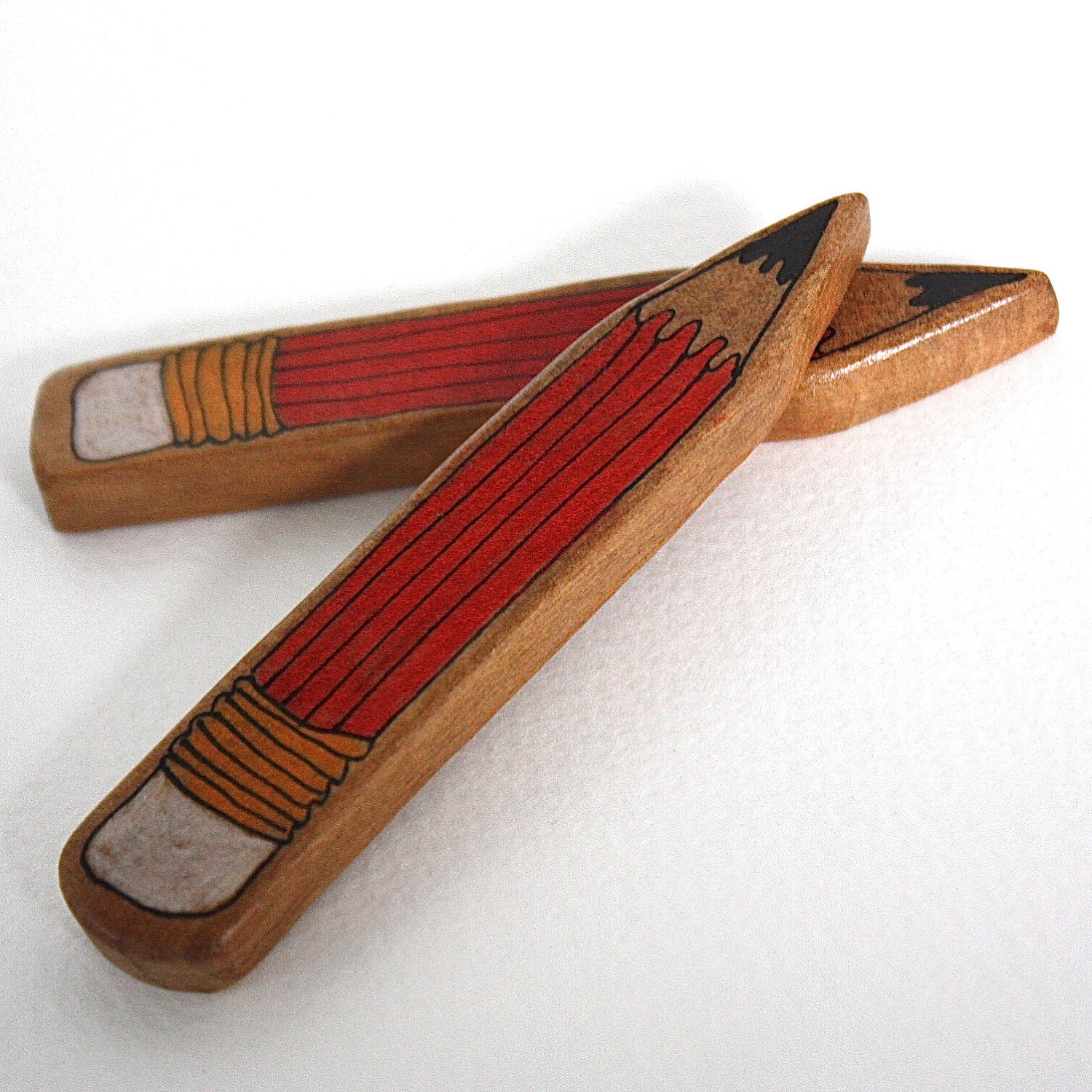 Illustrated Pencil Wood Brooch - Repurposed Timber Wood Eco