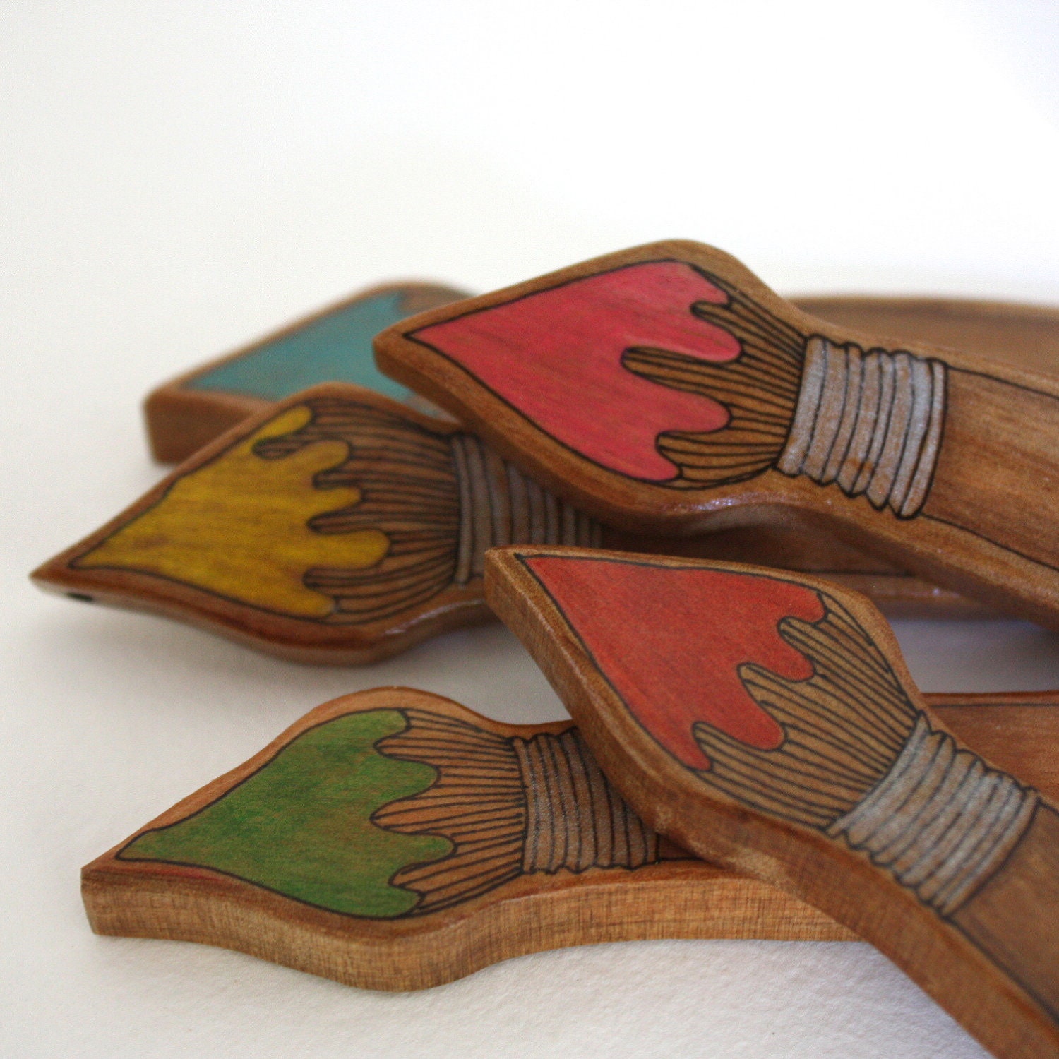 Illustrated Paint Brush Wood Brooch - Repurposed Timber Wood Eco