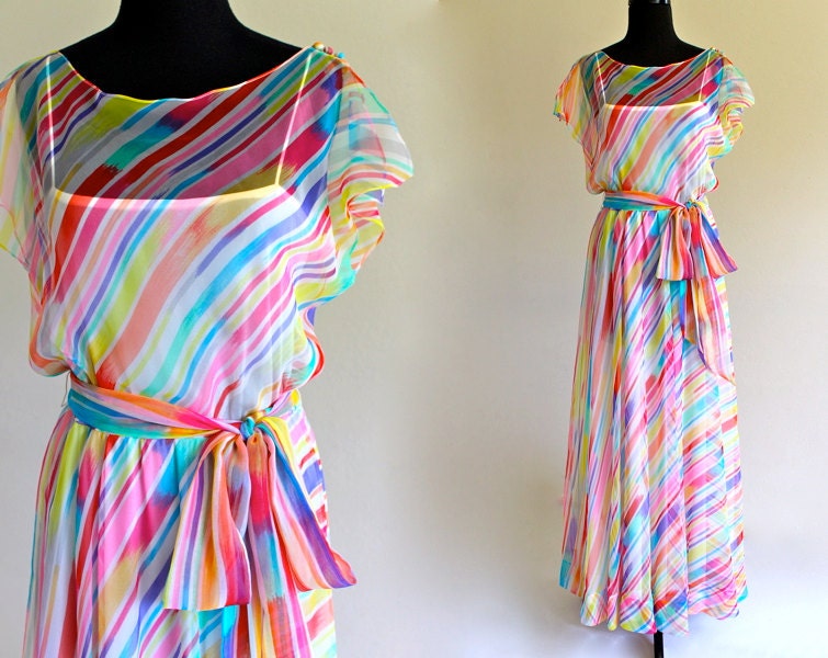 70s Rainbow Stripe Chiffon Boho Luxe Glam Wedding Bridal Maxi Dress with Belt . Saks Fifth Avenue . ILGWU label . SM . D164 . 1012