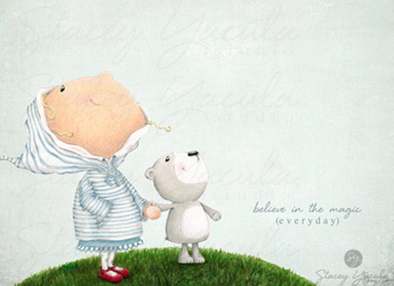 Art Print, Girl, Bear, Star, Friendship, Wish, Blue, Starlight
