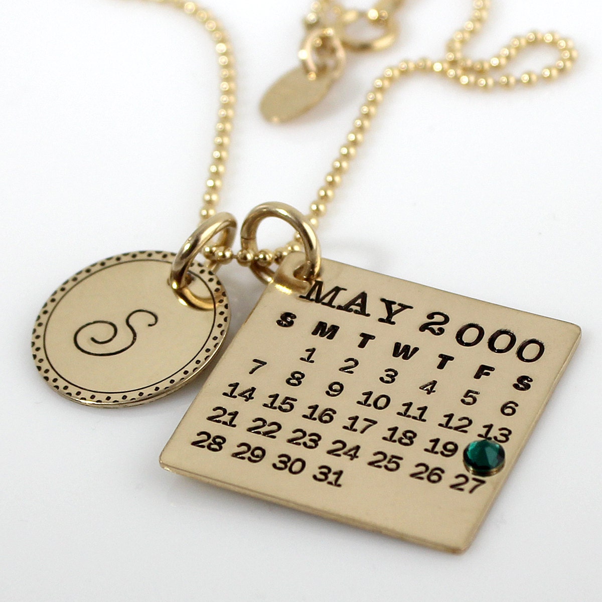 Personalized Calendar Necklace - hand stamped Mark Your Calendar gold filled necklace with Fancy Bordered Initial Charm and Crystal