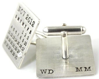 Cuff Links - Mark Your Calendar (tm) Cuff Links - personalized solid sterling silver with initials and crystal or pearl