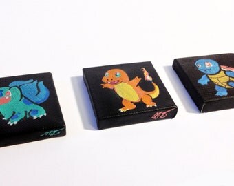 Original Starter Pokémon Painted Canvases Triptych
