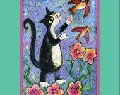 Bad Kitty 4 x 6 mini print Tuxedo Cat Chasing Birds whimsical folk art