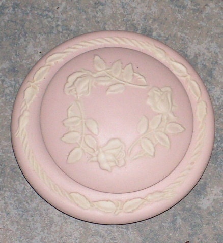 Vintage Bisque Porcelain Jasperware Powder Jar Pink White Roses California Ceramic