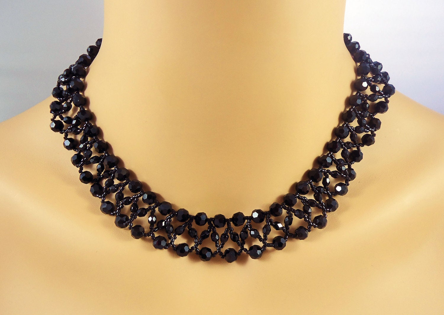 Black Crystal Chevron Beadweave Necklace