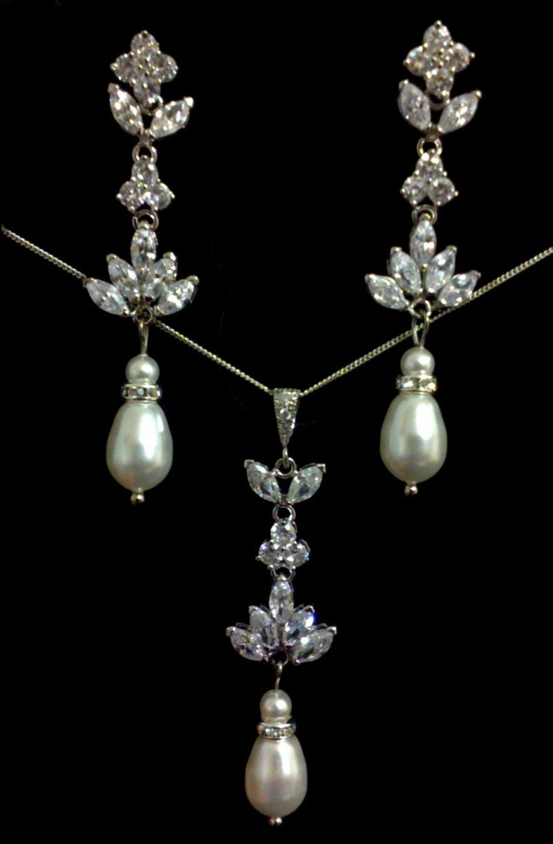 Flower Petal Bridal Necklace, Teardrop Earrings, Crystal Pearl Wedding Jewelry, HARMONIES SET