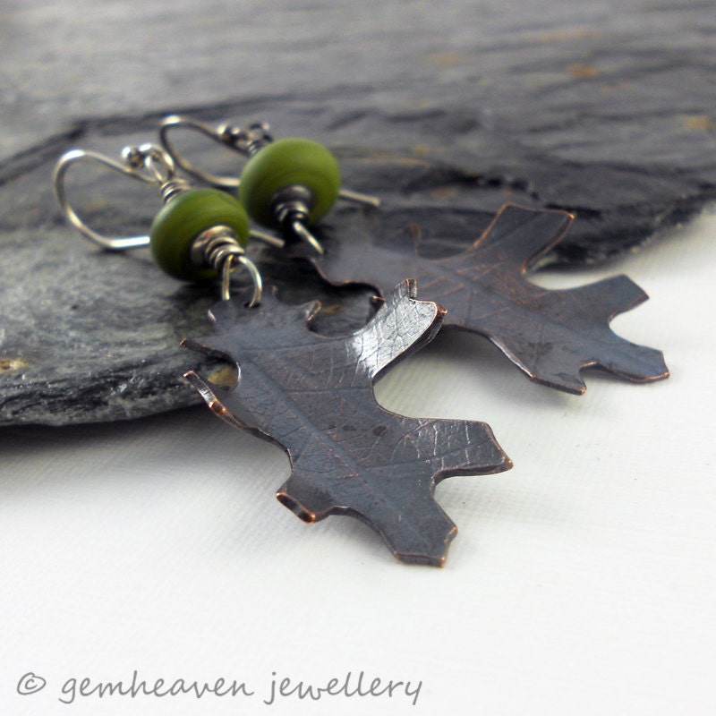Mixed metal dangle leaf earrings with green lampwork  - Free Falling -