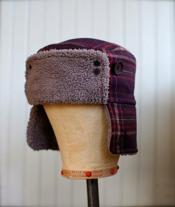 Plum plaid upcycled wool hat: trapper hat, bomber hat, furry russian hat, ushanka hat - small