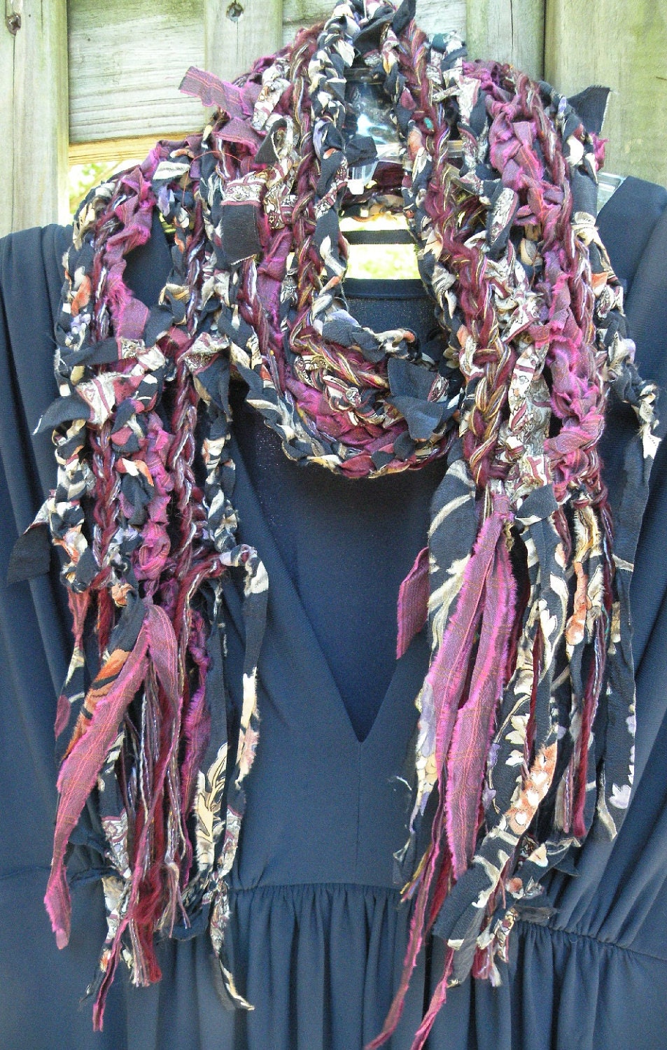 Crochet scarf: multicolor women's long skinny knit fashion, purple navy blue wine red, Manchester tattered silk sari scarflette i593