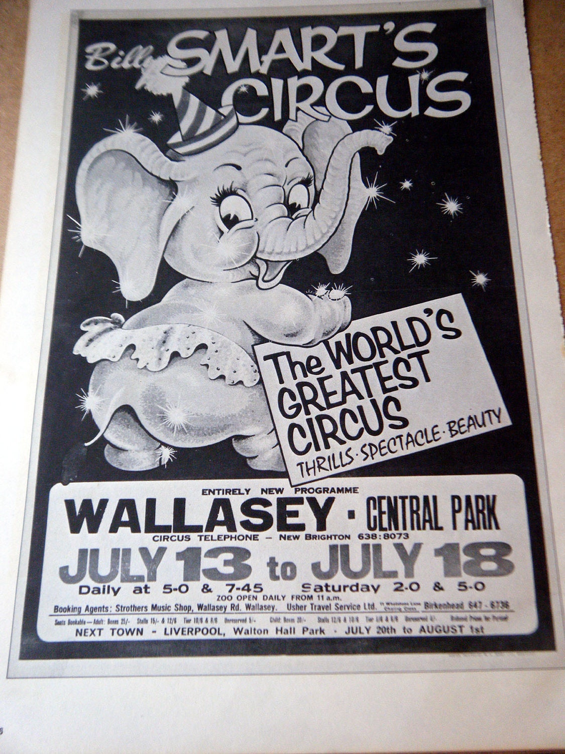 Vintage Circus Poster Cartoon Elephant Black and White Poster Size Book Plate