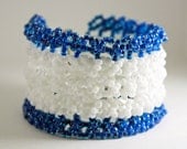 Colorblocked Wide Beaded Cuff in White and Capri Blue