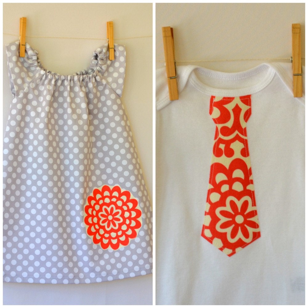 Sibling Set . Twins . Girls Peasant Dress . Boy Tie Tee or Bodysuit . Grey Dot with Wallflower Applique