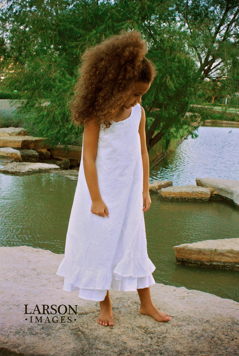 Embroidered Sleeveless White Cotton Gown, Lined with Double Ruffle at Hem   Girls sizes 2-8