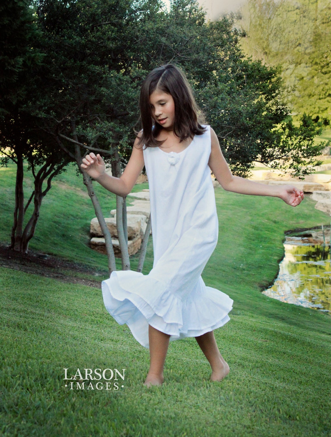 Sleeveless White Cotton Gown, Lined with Double Ruffle at Hem   Girls sizes 2-8