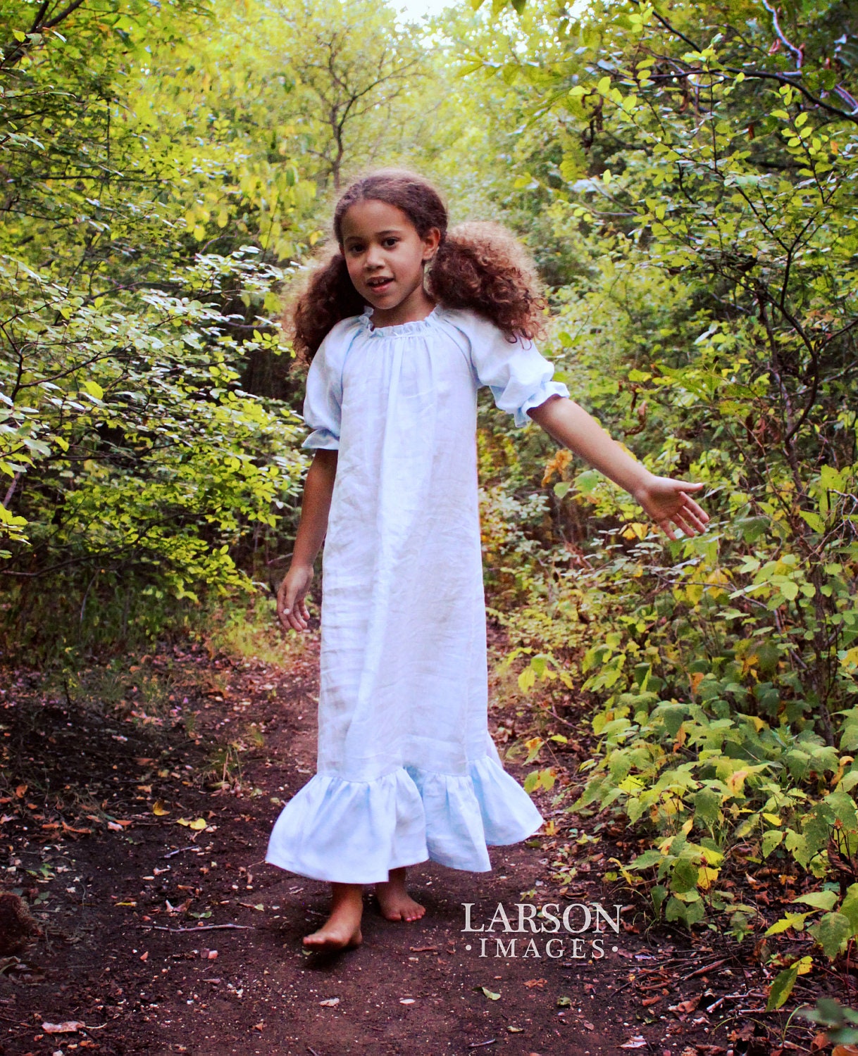 Pale Blue Linen Night Gown with Shirred Neck and Sleeve   Girls sizes 10-16