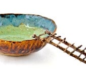 Eclectic pottery bowl blue green and brown wabi sabi ceramic dish