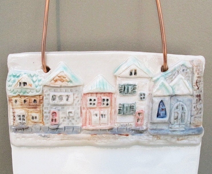 Town House Sculpture Hanging Art Village - Dry Erase Board Tile - Ceramic Porcelain Wall Hanging