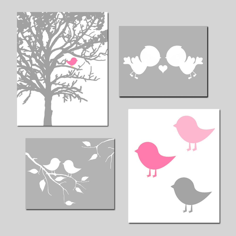 Modern Nursery Prints - Baby Bird Quad - Set of Four Prints - 5x7 and 8x10 Mix - Choose Your Colors - Shown in Gray, Yellow, Pink, and More