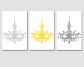 Modern Chandelier Trio - Set of Three 13x19 Chandelier Prints - Choose Your Colors - Shown in Pale Gray, Yellow, Gray