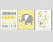Modern Nursery Trio - Set of Three 8x10 Prints - You Are My Sunshine, Alphabet, Chevron Elephant - Choose Your Colors - Shown in Yellow Gray