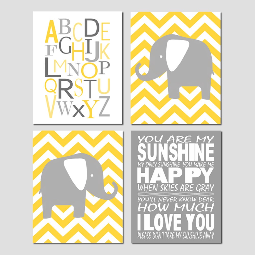 Modern Nursery Quad - Set of Four 11x14 Prints - Alphabet, Chevron Elephants, You Are My Sunshine - Shown in Yellow and Gray