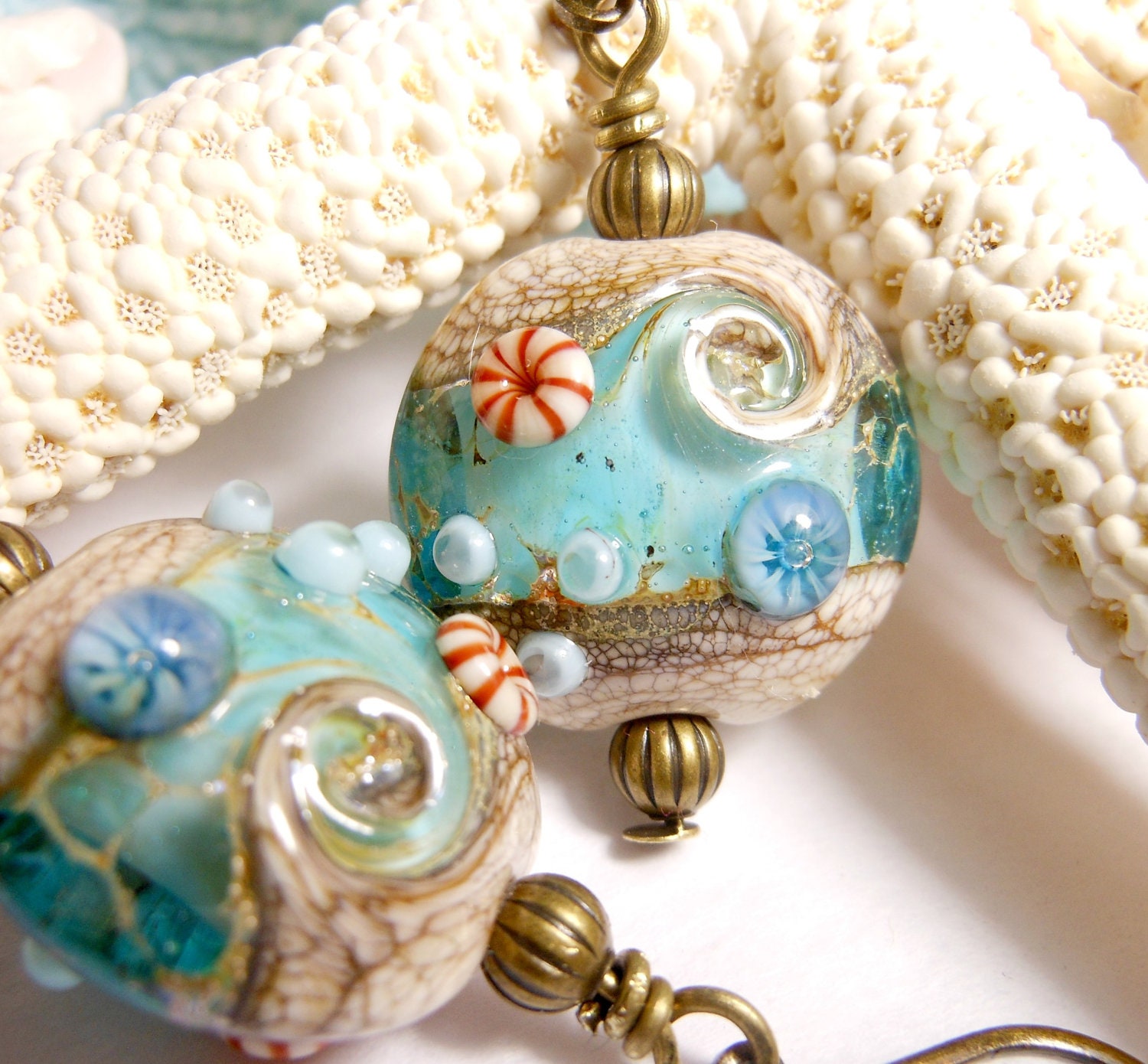 Ocean Beach Sea Shell Seashell Lampwork Glass Bead Beach Summer Vacation Sand Waves Blue Handmade Lampwork Earrings