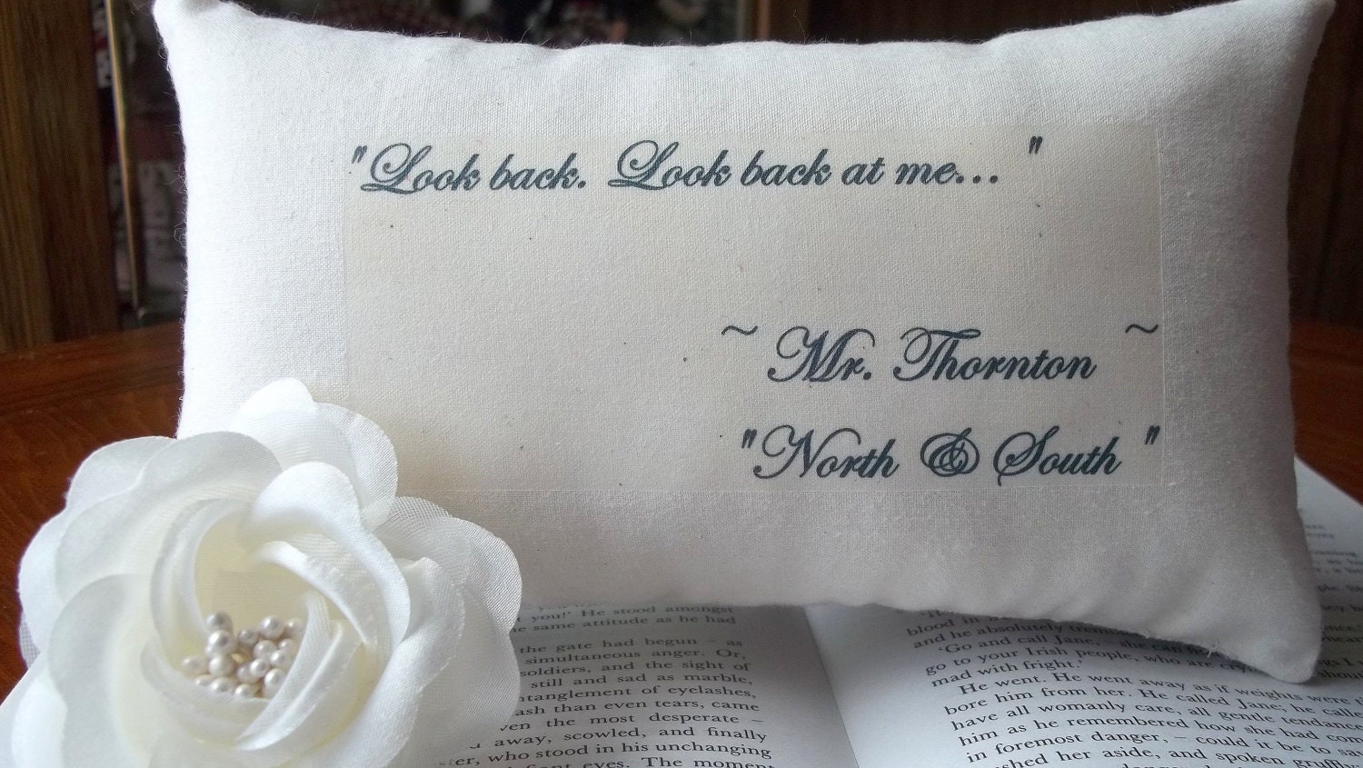 North and South-Elizabeth Gaskell Miniature Pillow-Mr Thornton's Hope-'Look Back at Me'-Black Toile