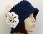Belle Flapper Cloche in Chunky Wool Blend - Navy and Cream - Hand Crocheted