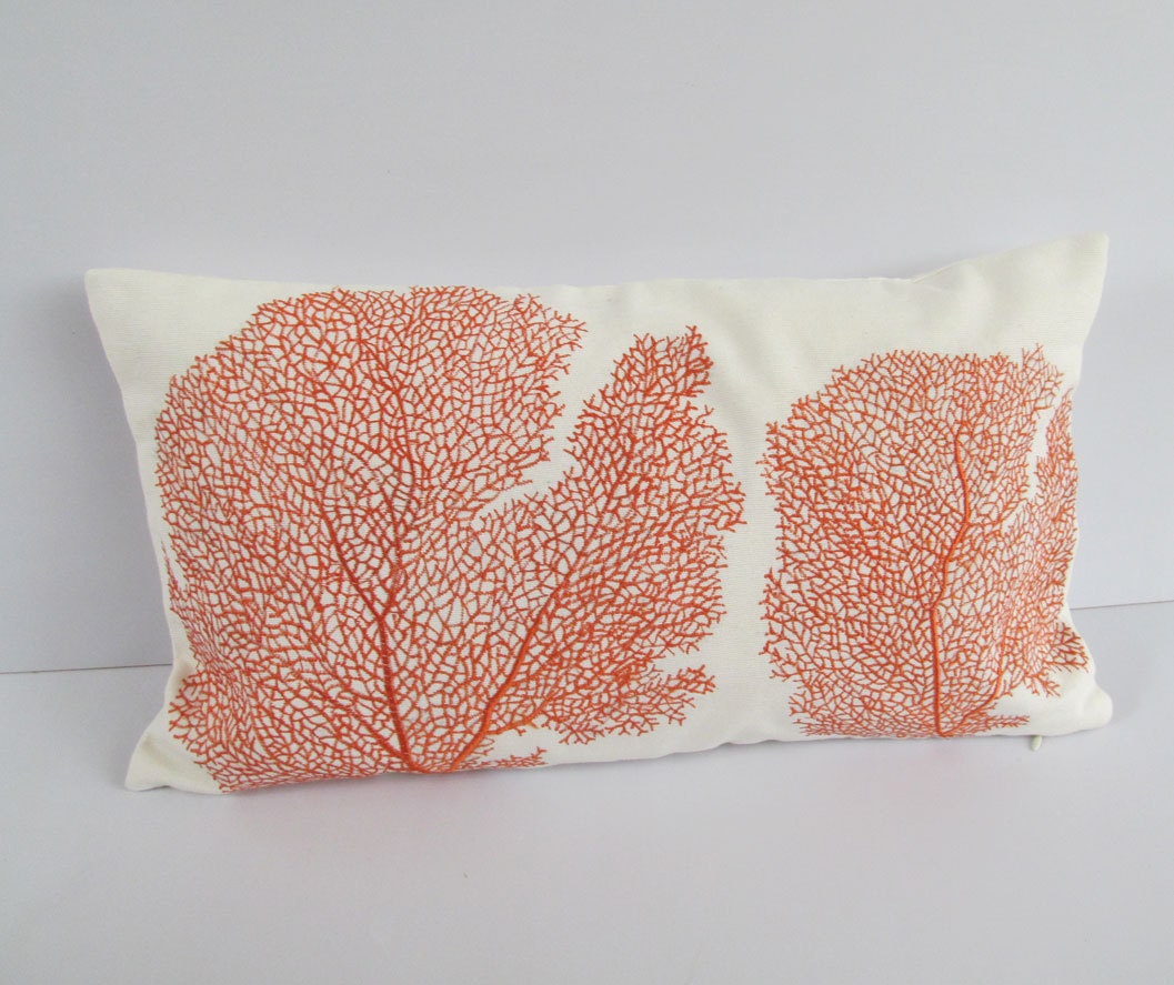 coastal themed pillow  with orange coral 12X20 inch sea, ocean nautical pillow
