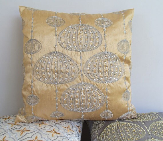 gold decorative pillow cover with silver lantern embroidery and stonework 18 inch IN STOCK