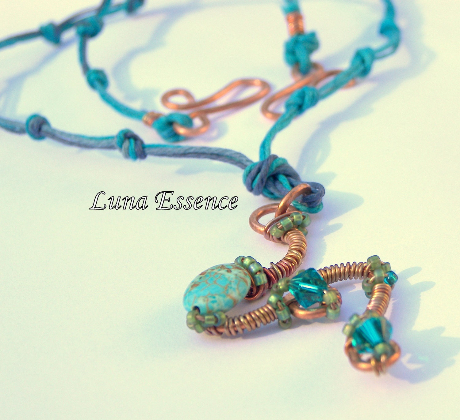 Turquoise Hemp Copper Wire Wrapped BOHO stylePendant Necklace