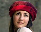Red felt hat French Beret style hat ooak hat fiber art wearable art merino wool hat felted hat handmade France Etsy jannio metal bird Mia
