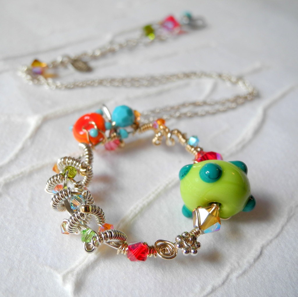 Necklace Sterling Silver Gold Lampwork Glass Swarovski Crystal Whimsical Multicolor Handmade Jewelry