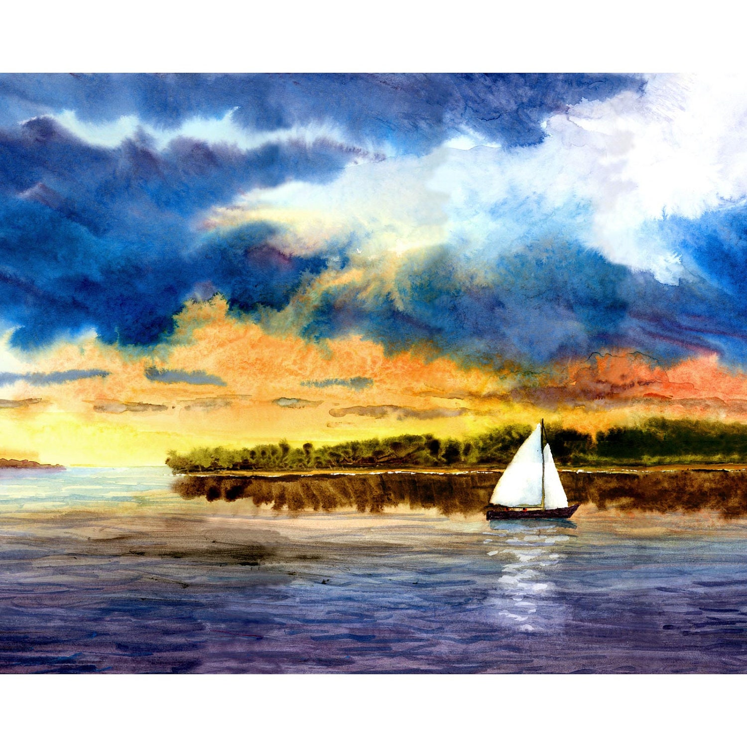Sailboat painting watercolor PRINT seascape at Sunset Clouds landscape Nautical art GICLEE 8x10