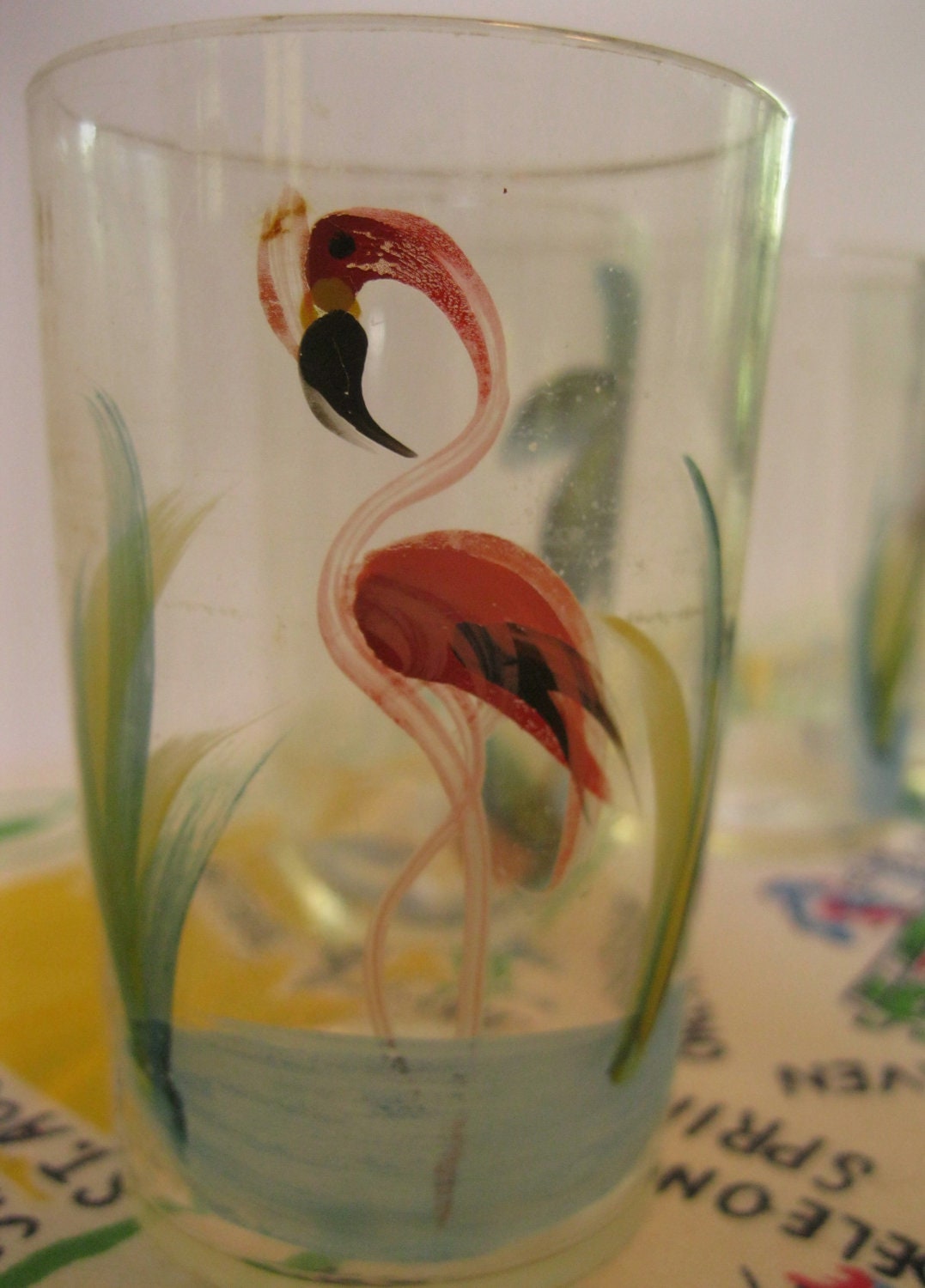 RESERVED FOR MELISSA            Vintage plastic shot  or juice glasses - set of 6 with hand painted flamingos and palm trees