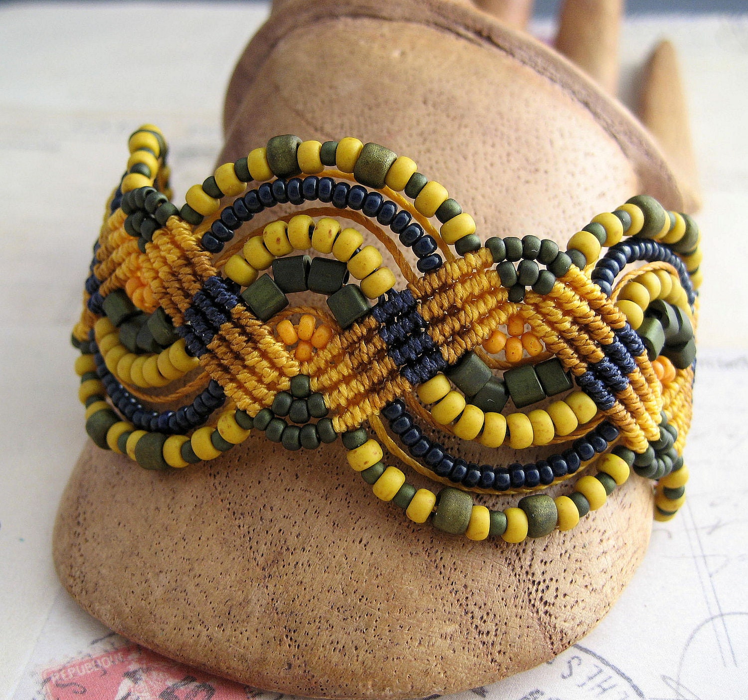 Mustard, Ginger, Nutmeg Beaded Macrame Bracelet Navy and Mustard Palette