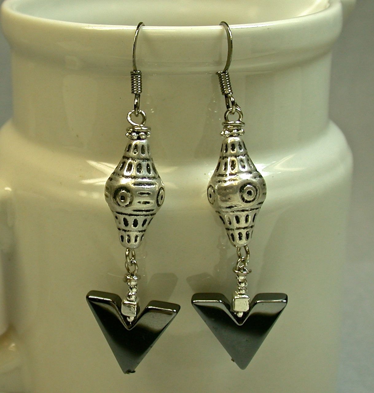 Vintage Hematite Bead Earrings,Japanese Ornate Silver Plated Bi Cone
