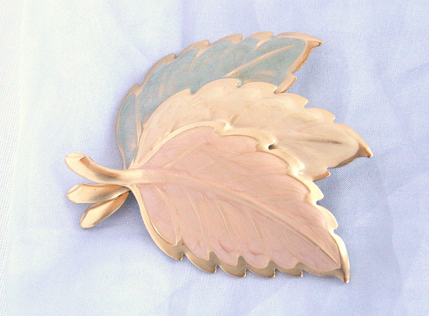 Vintage Leaf Brooch Enamel Gold Teal Green Cream Peach Pink Pin
