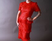 Vintage 1980s Dress - Red Sheer Lace Cocktail Dress by Albert Nipon