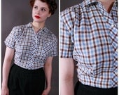 Vintage 1950s Blouse - Cute Brown and Blue Checked Cotton Mode o' Day Shirt