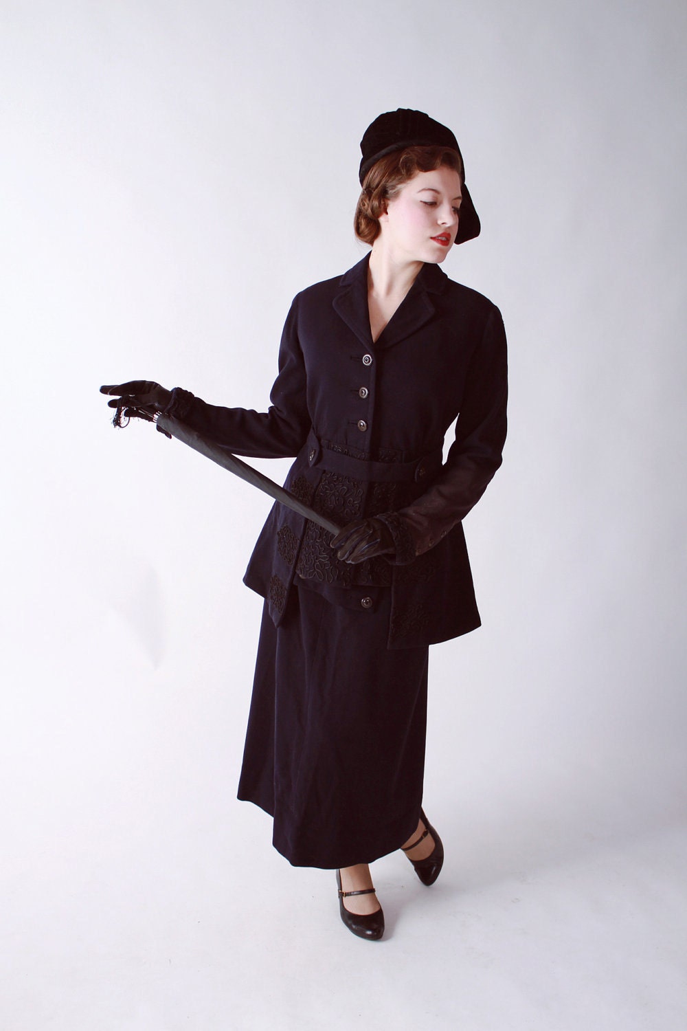 Vintage Edwardian Suit - Sophicated Edwardian Walking Suit in Navy Wool with Soutache and Button Detailing