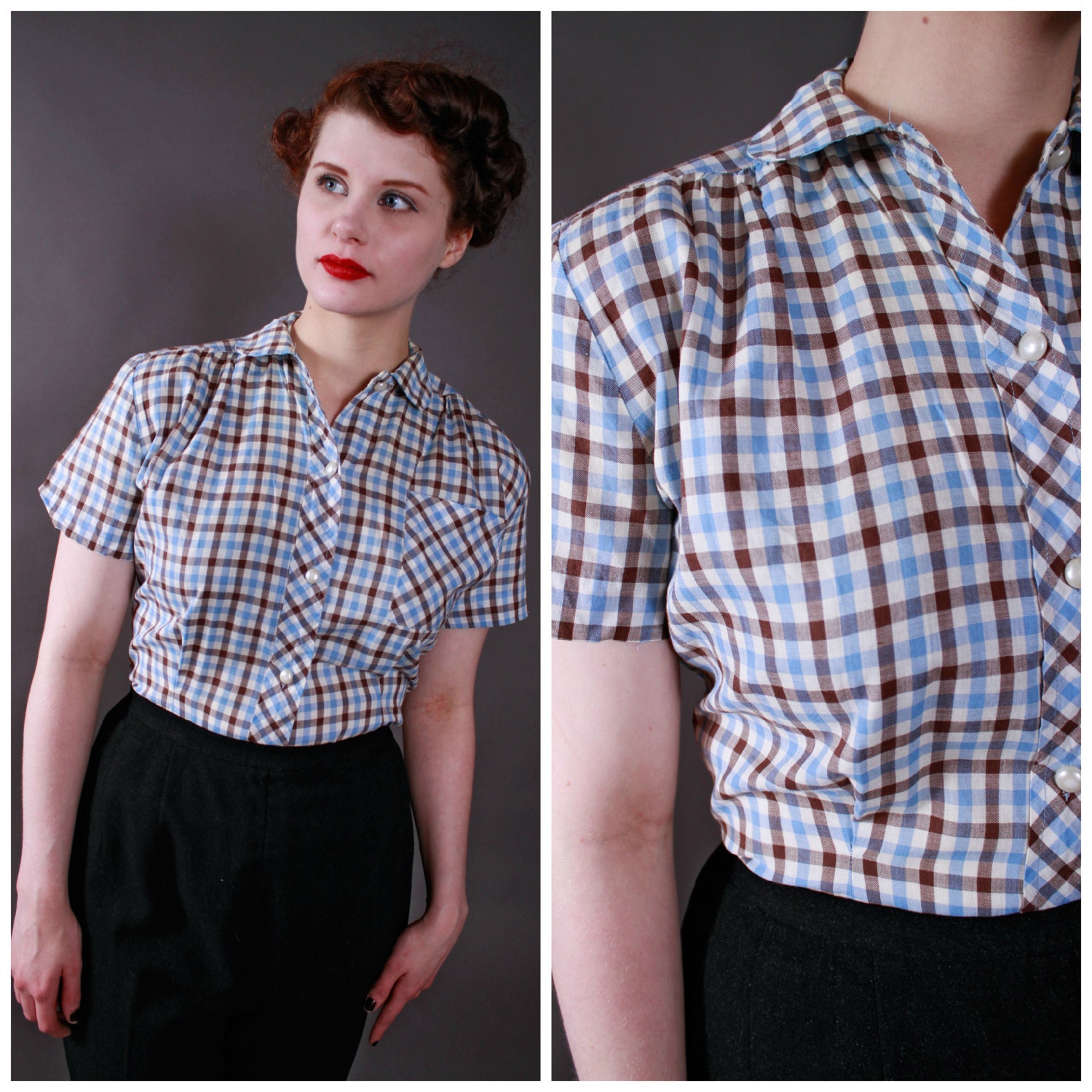 Vintage 1950s Blouse - Cute Brown and Blue Checked Cotton Mode o' Day Shirt