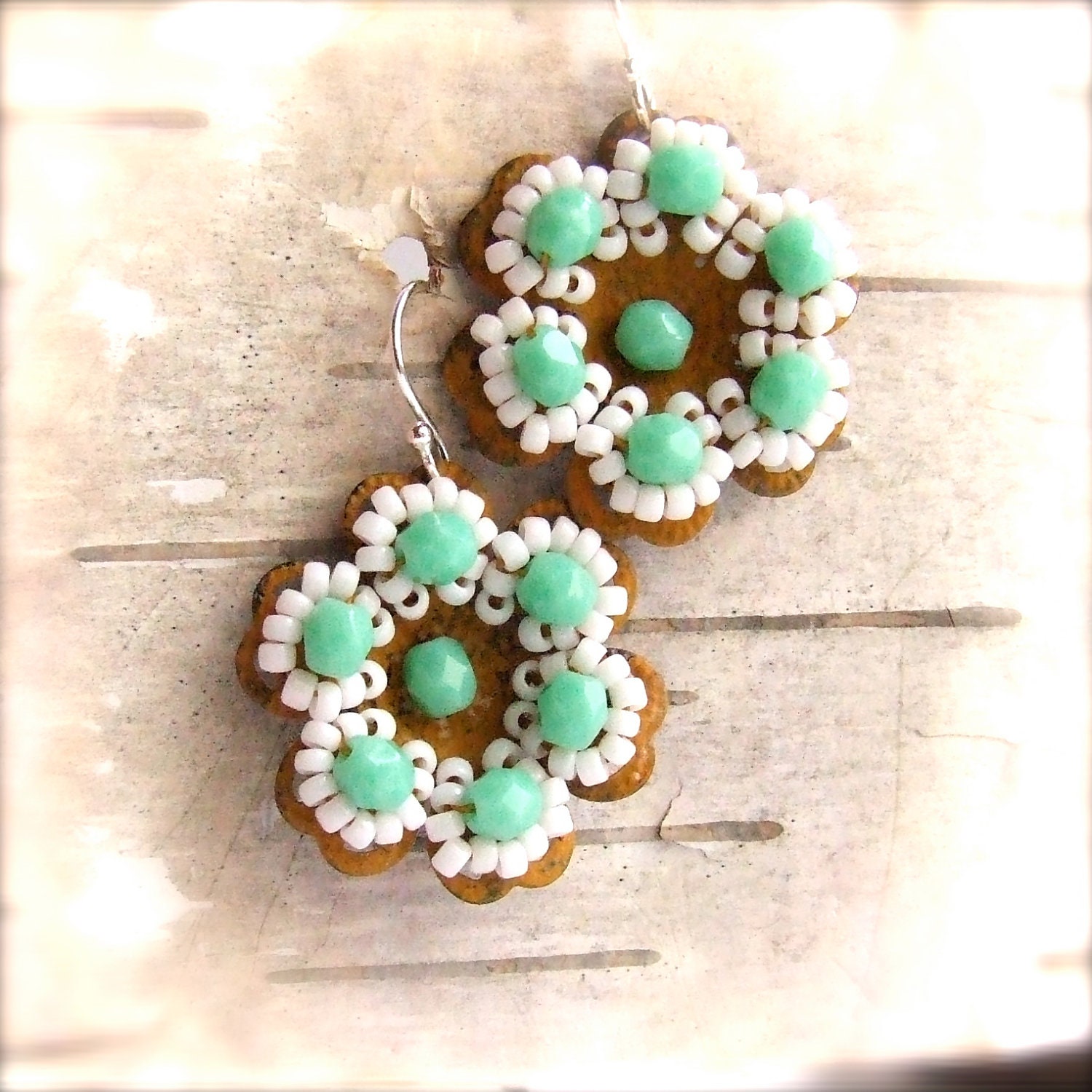 Mustard Patina, Glass Beaded, Flower -Beadwoven Earrings -Petalage in Mint, White and Mustard -Jewellery