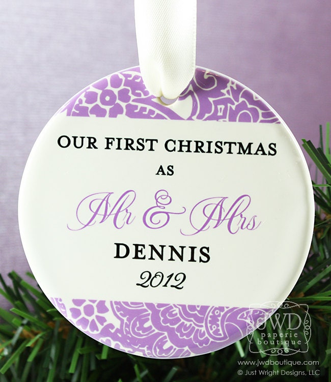 Mr and Mrs Our First Christmas Ornament Personalized Wedding Ornament Personalized Wedding Gift - Majestic Pattern