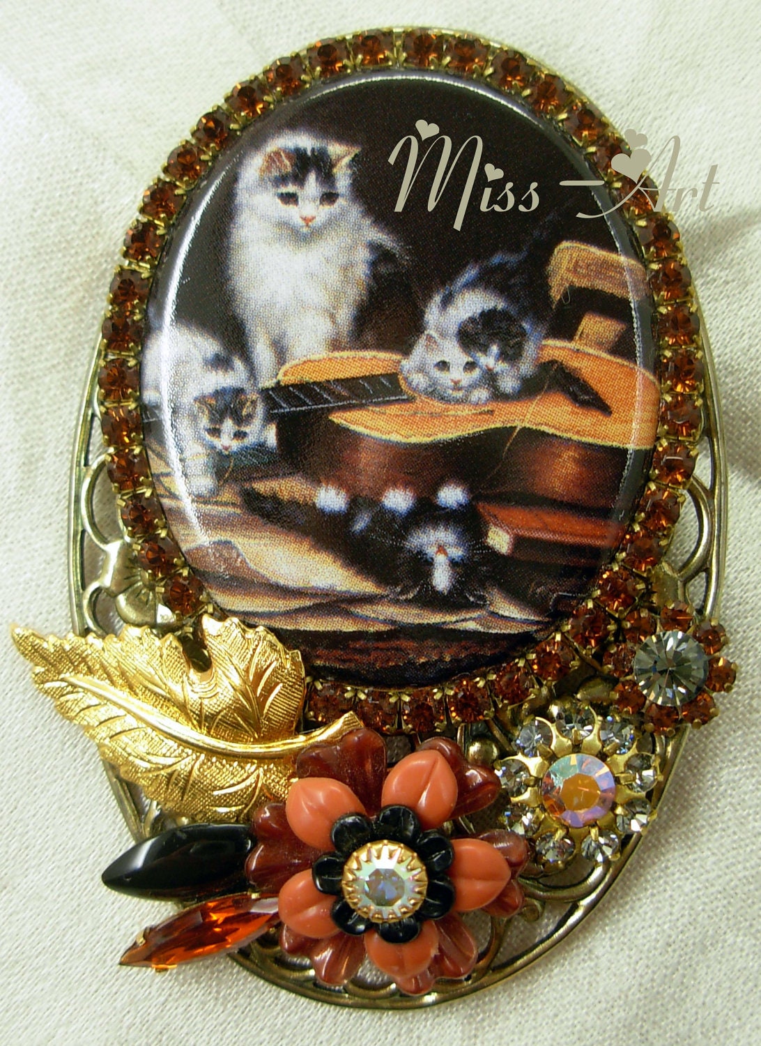 KITTENS CAT On Guitar Collage Cameo Brooch Ornament Rhinestones Miss-art OOAK