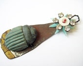 The Beauty. Scarab and Flower Assemblage Pendant. Rustic Shabby Aqua Mint With Ceramic Art Bead.