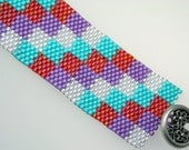 Beaded bracelet, peyote stitch checkerboard design, OOAK, handmade, red, blue, purple, white
