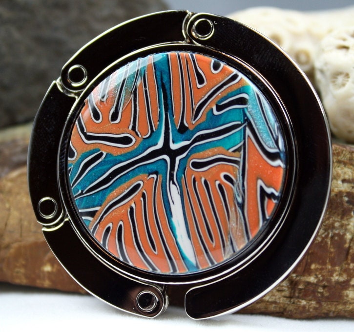 Folding Purse hook, Polymer clay covered purse hanger, purse hook, OOAK design, blue, orange and pearl white